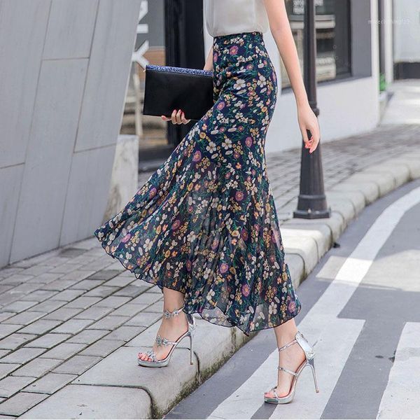 

skirts floral mermaid skirt ruffled women long chiffon lotus leaf summer elegant ice silk a-line holiday beach lady 20211, Black