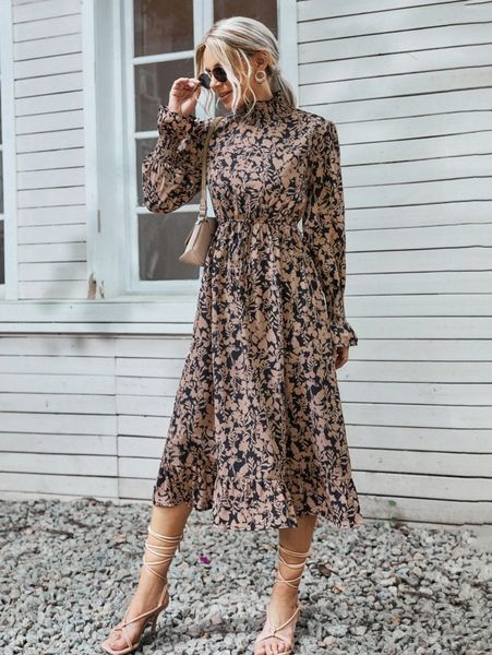

floral print shirred flounce sleeve ruffle hem dress e0bb#, Black;gray