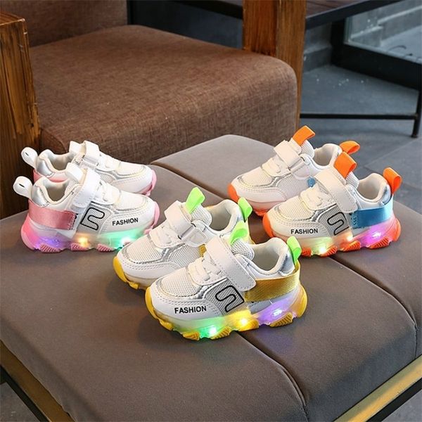 

bjyl new spring children's net fabric led light sports casual breathable soft mesh shoes for girls shining sneakers y201028