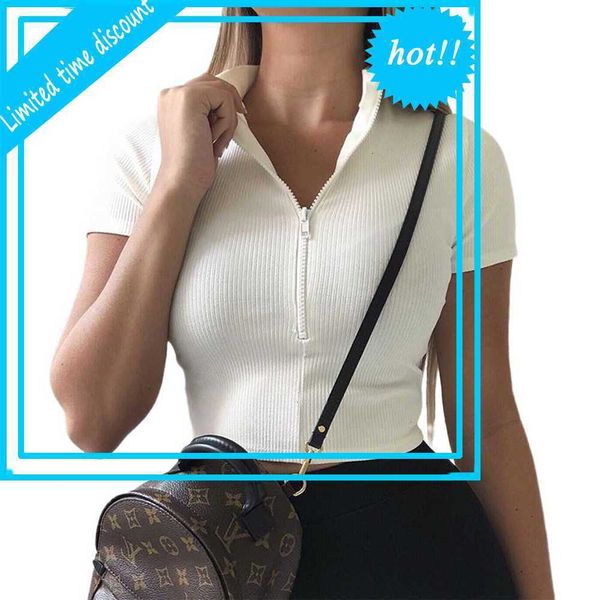 

lady effen color crop stand kraag short mouwen slim close-fitting rits women's sports t-shirt, White