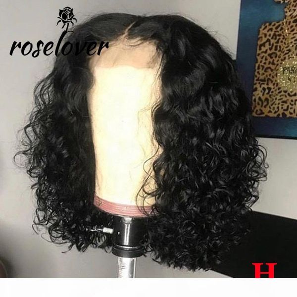 

150% 4*4 lace closure human hair wigs pre plucked with baby hair middle part curly lace closure wig peruvian remy short bob wigs, Black