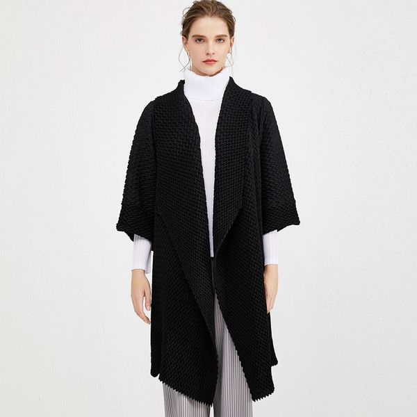 

women's trench coats miyake pleated coat women 2021 spring solid color turn down collar three quarter sleeves side button cardigan fema, Tan;black