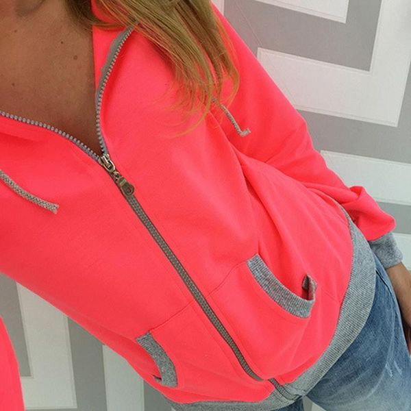 

women autumn jackets long sleeve autumn hooded coats outerwear casual ladies jackets pockets zipper patchwork colors, Black;brown