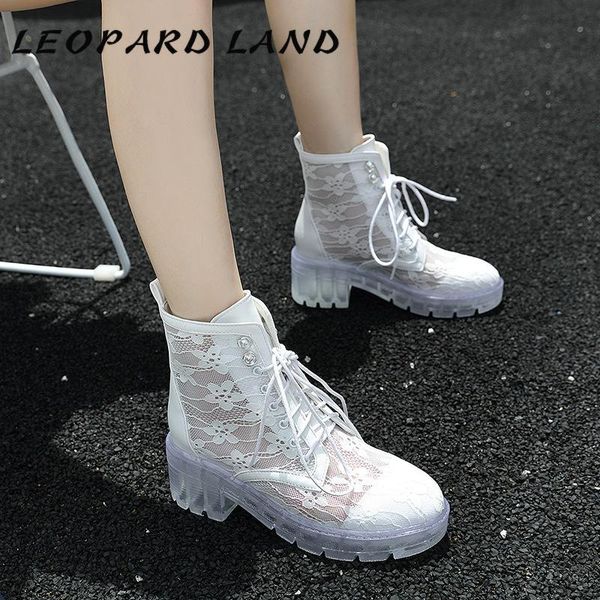 

leopard land women's platform lace breathable transparent lace-up high heel ankle boots black white sandal boots -1108-2