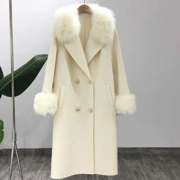 

women woolen cashmere coat real fur coat jacket autumn winter fashion warm outwear natural fur collar cashmere wool blends, Black