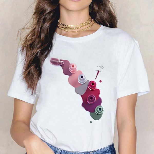

women summer new fashion tshirt graphic 3d finger nail paint color cute printed female tee shirt ladies clothes, White