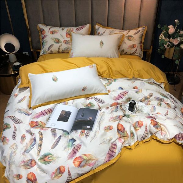 

india style egyptian cotton bedsheet feather print bohe duvet cover bed linen flat sheets  king size hometexitle