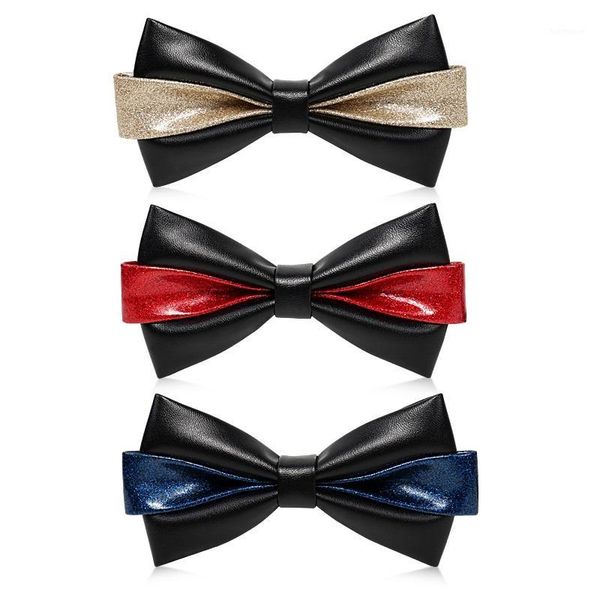 

2020 brand new fashion men's bow ties double fabric pu leather bowtie banquet ceremony wedding party butterfly tie with gift box1, Black;gray