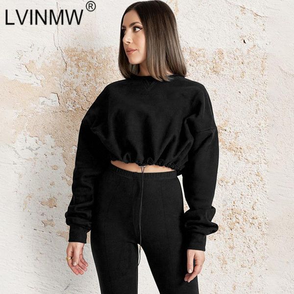 

women's tracksuits lvinmw autumn casual sports two piece set women o neck long sleeve drawstring pleated hoodie split high waist trouse, Gray