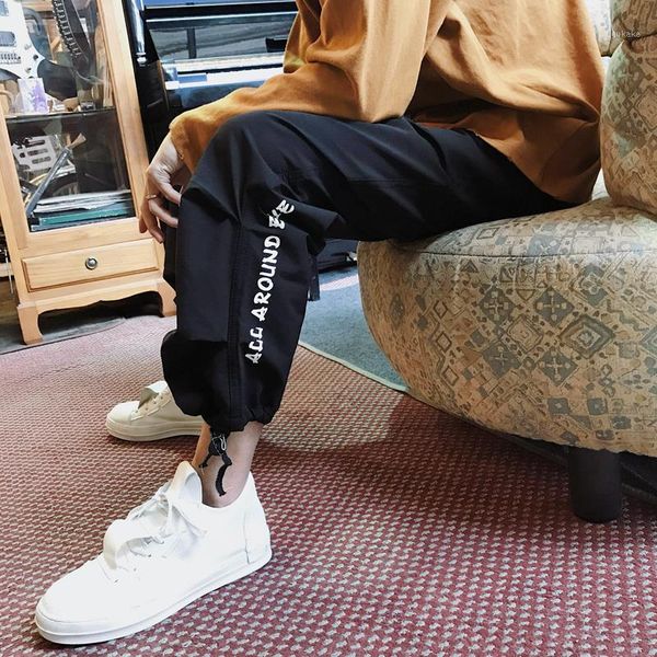 

nice spring korean version of the drawstring paragraph letter printing loose casual nine points pants men party travel1, Black