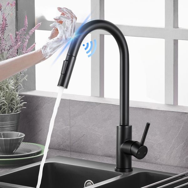 Küchenarmaturen Smart Sensor Auszug Heiß- und Kaltwasserschalter Mischer Tap Smart Touch Spray Tap Küche Schwarz Kran Waschbecken Armaturen