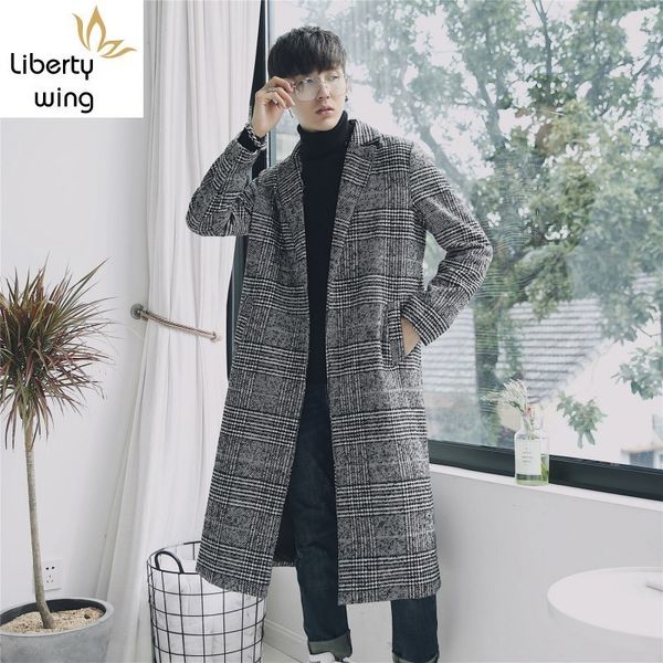 

chic plaid men trench coat brand turn-down collar slim couple overcoat autumn winter elegant teenager long jacket s-xxl lj201110, Black