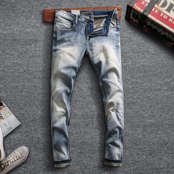 

italian style fashion men jeans retro light blue elastic slim fit casual denim pencil pants homme vintage designer long trousers