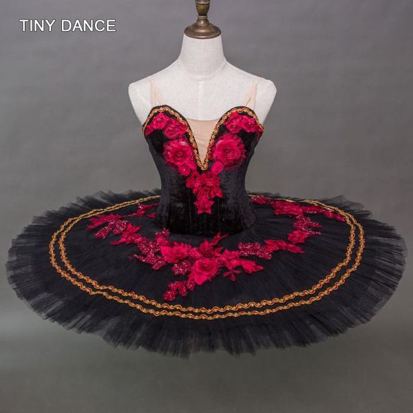 

stage wear black velvet bodice with red applique decoration professional ballet dance tutu performance costume solo dresses b20042, Black;red