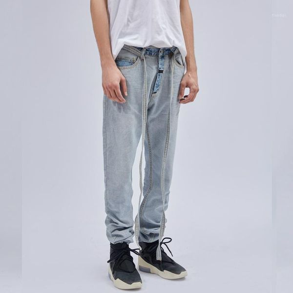 

19ss latest ins hip hop inside out slim jeans detachable belted denim biker pants vintage light blue jogger pants1