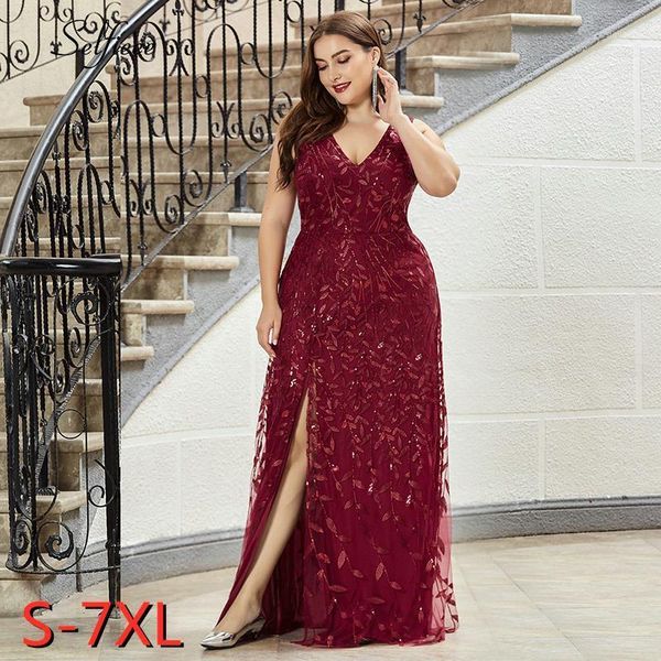 

plus size burgundy sequin dress mermaid side split sleeveless leaves v-neck long women dress for party femme robe 20201, Black;gray