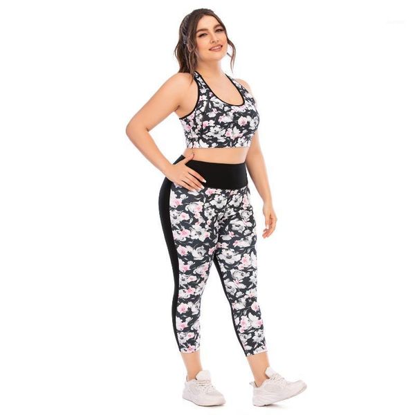 

yoga outfits obese women plus size 2 piece set with flower printed sports bra and tight leggings fitness suits woman workout gym suits1, White;red