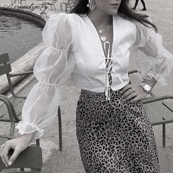 

organza v neck transparent white party blouses shirts women lace up cardigan backless mesh autumn crop puff sleeve women's