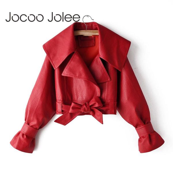 

jocoo jolee elegant turn down collar cute tie bow cropped coat motorcycle pu leather jacket women spring all-match outwear, Black