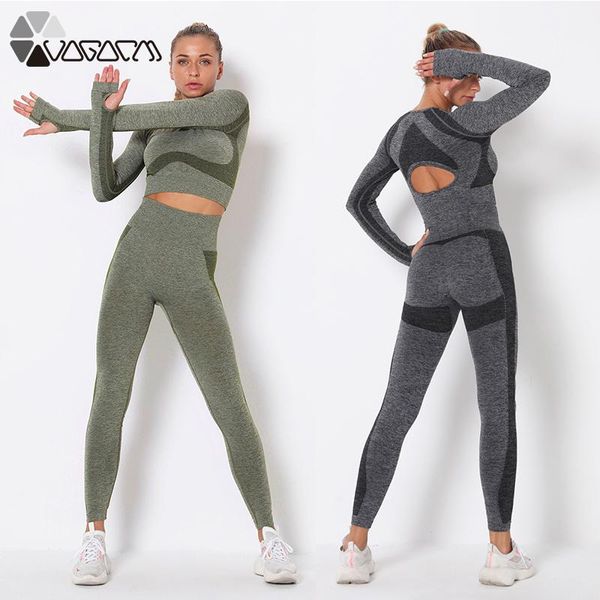 

yoga outfits 2 pcs seamless women set long sleeve cropped shirts+leggings hips stretch tight workout gym suit active wear finess, White;red