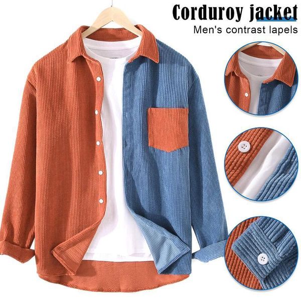 

mens patchworks corduroy shirt jacket contrast color lapel long sleeve shirts with pocket nov991, White;black