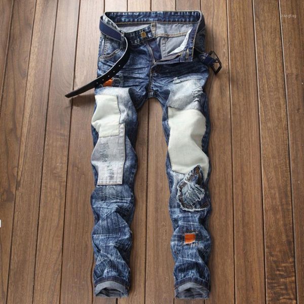 

men's stretchy ripped skinny biker pants men skinny jeans men destroyed taped slim fit denim pants jean homme stretch1, Blue