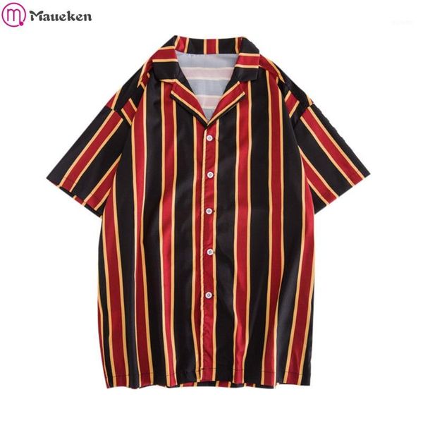 

2020 summer men striped shirt short sleeve lapel button hawaii style beach shirts casual vacation hawaiian shirts men camisa1, White;black