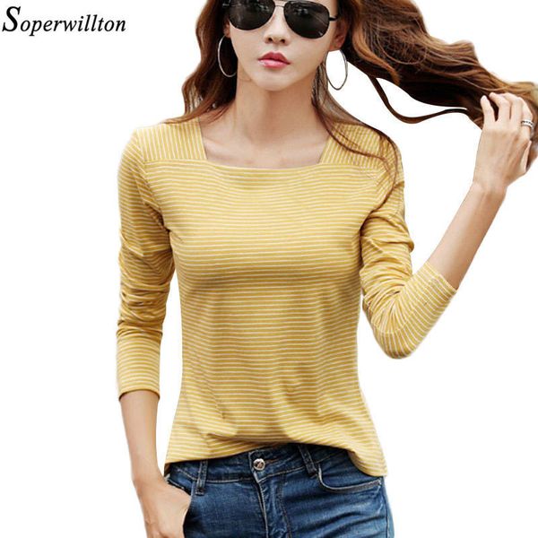 Manga comprida camiseta senhoras mulheres tshirt de algodão listrado moda outono quadrado colarinho casual tops feminino amarelo preto G50 201125