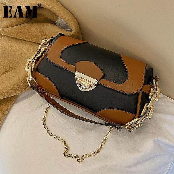 

shoulder bags [eam] women contrast color chains pu leather flap personality all-match crossbody bag fashion tide 2021 18a0821