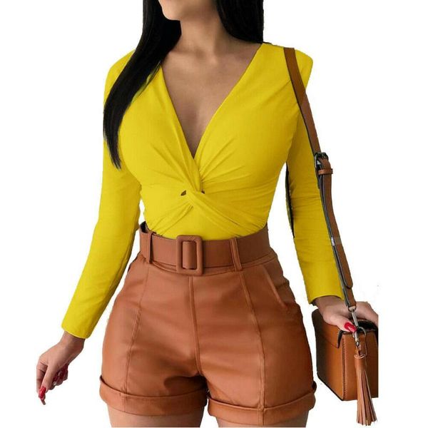 

women's t-shirt plus size womens slim cross wrap bodycon autumn long sleeve v neck solid office ladies casual front twisted knot, White