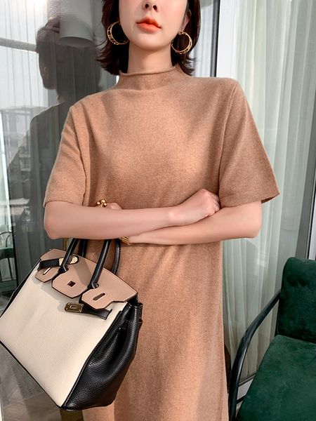 

2021 female winter dress 100% pure wool knit long-style jumpers loose oneck sleeves short women's clothes nbw0, Black;gray