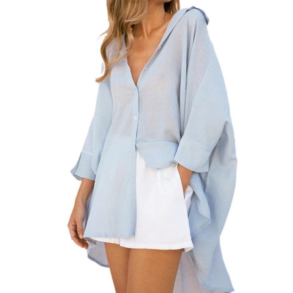 

2021 new women fashion button shirt v-neck long sleeve loose solid blouse beach casual style lapel irregular office, White