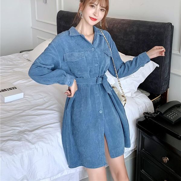

vintage women corduroy dress autumn elegant long sleeve single breasted belt tunic d73 mini dress causal loose ladies vestidos, Black;gray