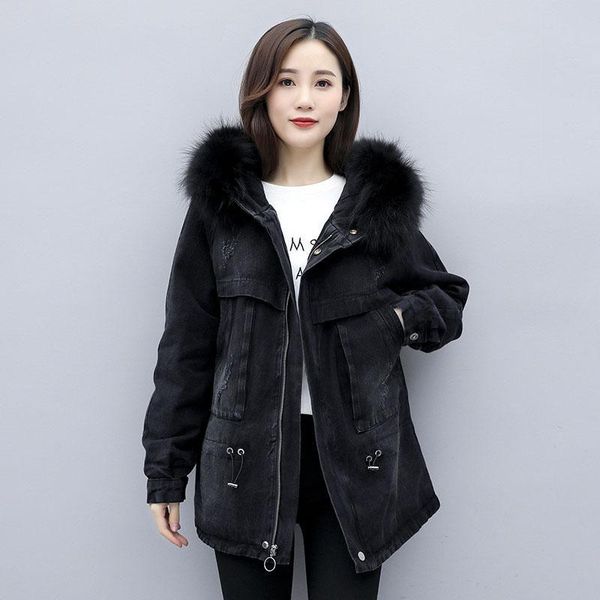 

джинсовые хлопчатобумажные пальто женщины средняя длина зимний толстый плюс бархатная мягкая одежда 2020 меховой воротник молния черное джин, Black