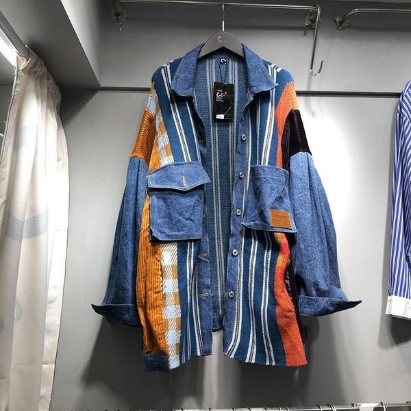 

ewq] 2020 new autumn winter stitching ladies denim jacket contrasting color knitting design oversized women coats overcoats 591, Black;brown