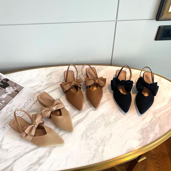 

low square heel slippers casual female shoes mules for women 2021 med pointed toe slides butterfly-knot block luxury new soft ba, Black