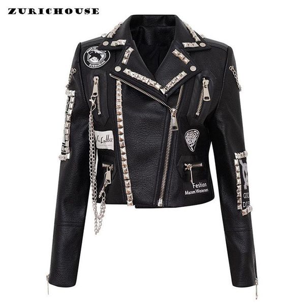

zurichouse black leather jacket women short slim personality print rivet chain punk rock pu leather locomotive coat female