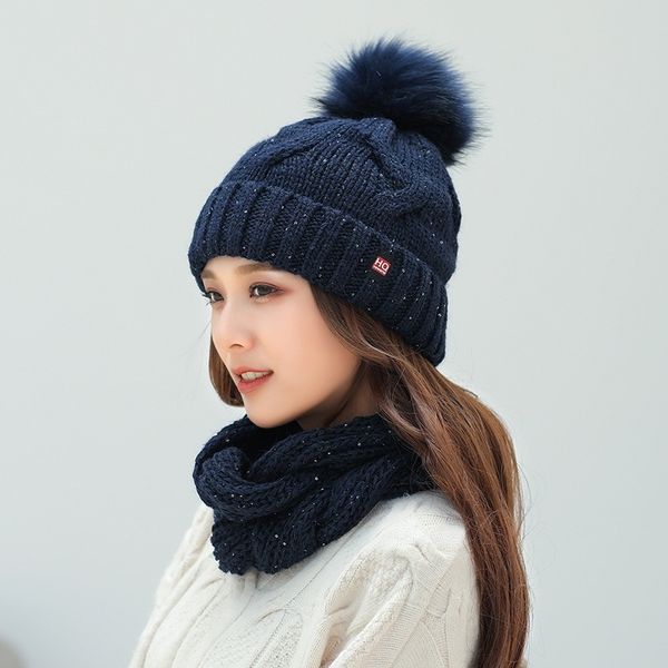 

knitted winter hat and scarf set women thick warm beanies hat scarf female for girls pom pom beain hats solid color y201024, Blue;gray
