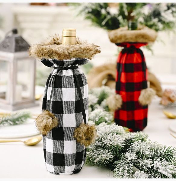 

plaid bag christmas dinner table decoration red black wine bottle cover clothes party supplies owe789