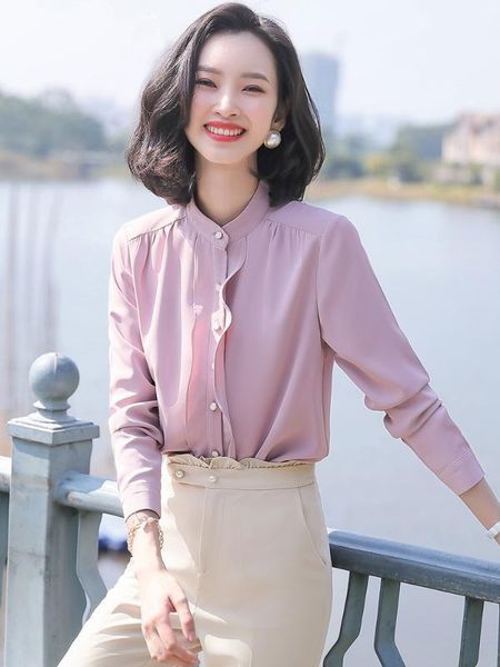 

new women work wear full sleeve blouse shirt for office lady 2020 girl s-4xl white pink green solid stand collar 1