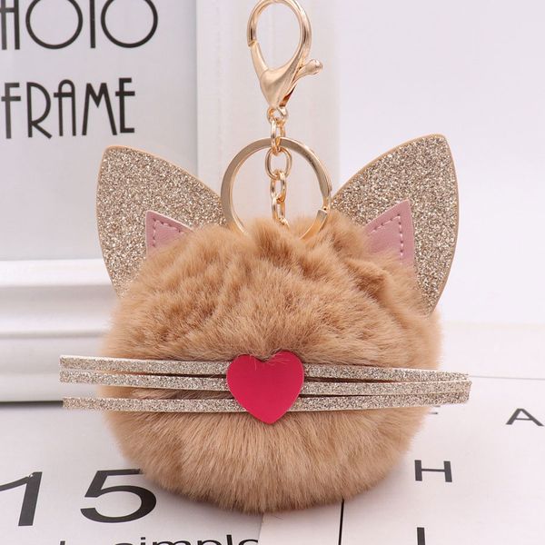 

luxury beard cat ball pendant pu leather animal plush keychain rings women's bag car pendant ne1179, Slivery;golden