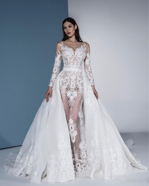 

elie saab mermaid wedding dresses detachable skirt lace appliqued modest vestidos de novia sweep train summer country wedding dress, White