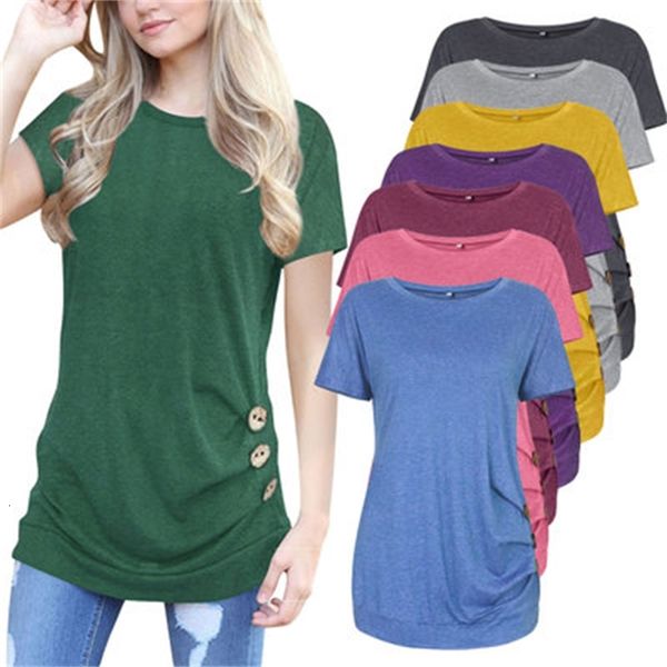 

summer candy color women t shirt with button decoration short sleeves crew neck clothing s-2xl, White