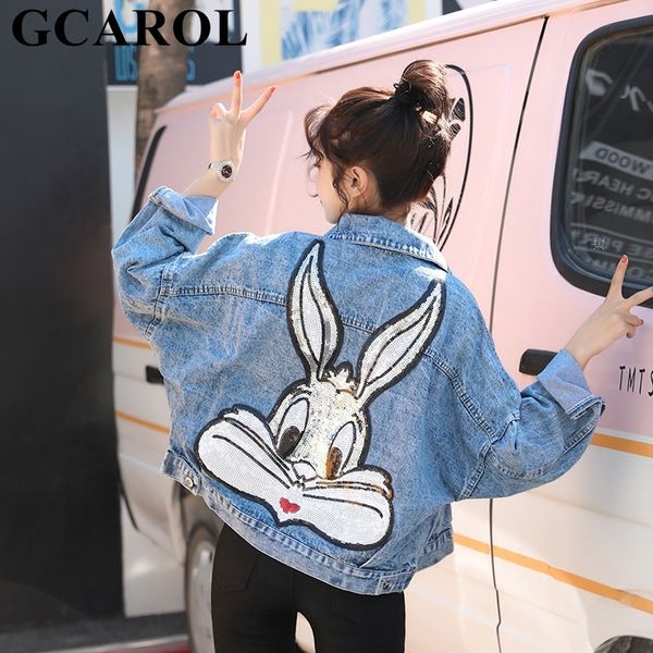 

gcarol cartoon sequined oversized denim jacket bling bling loose preppy style embroidered short coat character outfits 4 season 201017, Black;brown