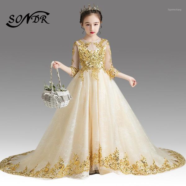 

champagne flower girl dress for weddings ht074 elegant o-neck long floral dresses shining sequin girls ball gowns 20201, Red;yellow