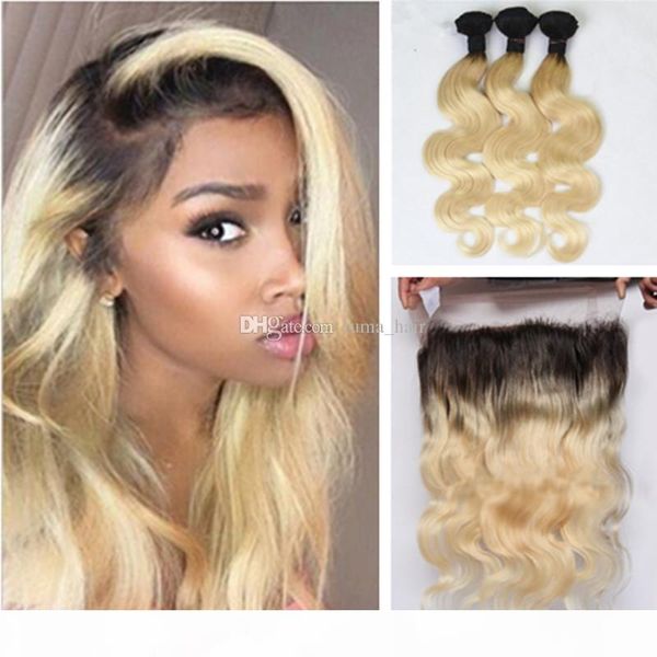 

8a brazilian 613 blonde ombre 1b 613 virgin hair 3 bundles with 360 full lace frontal body wave blonde 360 frontal with bundles, Black;brown