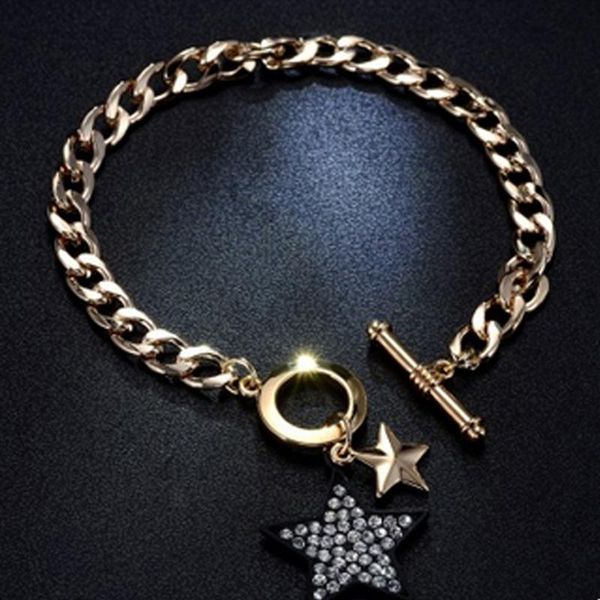

link, chain pentagram rose gold color bracelet strass/korean luxury elegant women pulseiras wholesale/bijoux femme/pulseras/braslet, Black