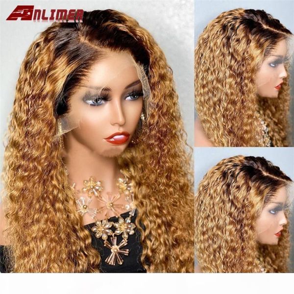 

150% density 13x6 curly human hair wigs brazilian remy hair ombre honey blonde silk lace front human wigs with baby, Black;brown