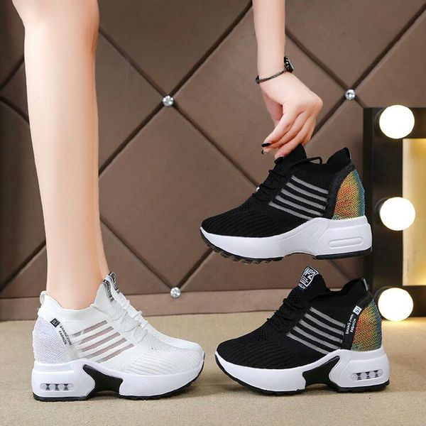 

new autumn knitting fashion sneakers women hide heels casual shoes woman breathable platform sneakers wedge shoes w406, Red;white