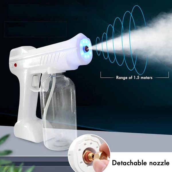 Venda quente doméstica desinfecção portátil pulverizador sem fio Azul luz atomização nano pistola de pulverização 800ml ferramentas de limpeza doméstica zzc3098